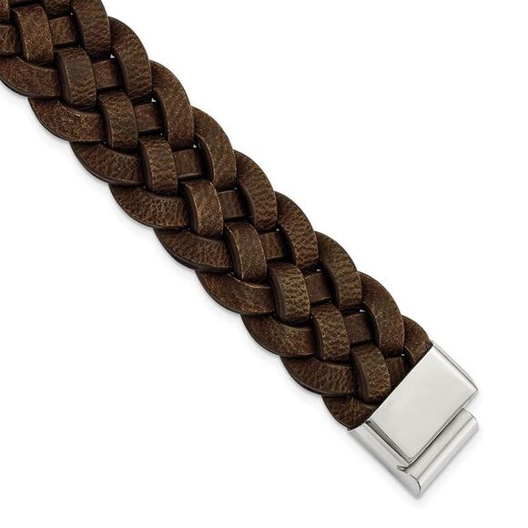 Men's 20mm Stainless Steel & Brown Leather Woven Bracelet 8.75 Inch